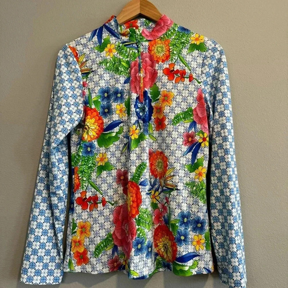 barbara erickson Tops - Barbara Erickson Swim Top Rashguard 1/4 Zip Long Sleeve Floral Tropical XL
